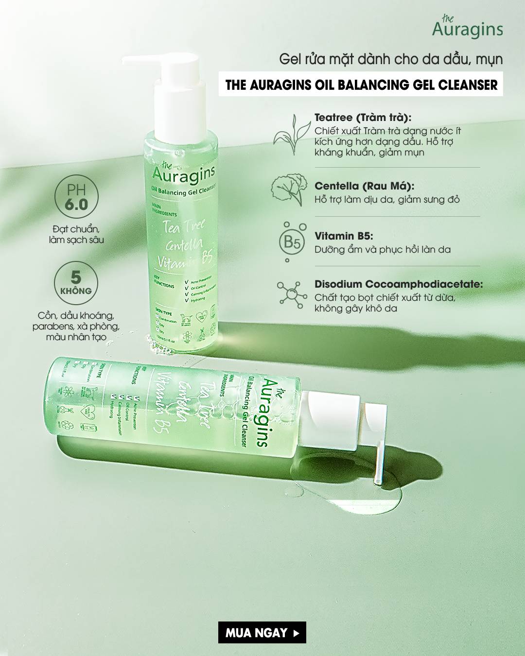 Gel Rửa Mặt Làm Sạch Sâu Cho Da Dầu Mụn - The Auragins Oil Balancing Gel Cleanser